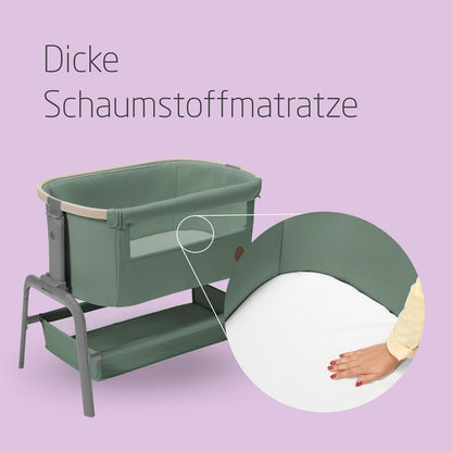 Maxi-Cosi Berço co-leito Iora, berço co-leito dobrável, 0-6 meses, 9 kg máx., 4 inclinações e 5 alturas, sistema deslizante, colchão confortável, cesto grande, fácil de transportar, além do verde
