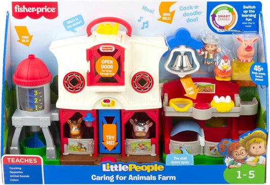 Fisher-Price Little People Fazenda Cuidando dos Animais - Edição Italiana, Espanhola e Inglesa, conjunto de brinquedos interativo com aprendizado Smart Stages para bebês e crianças de 1 a 5 anos. HPF43