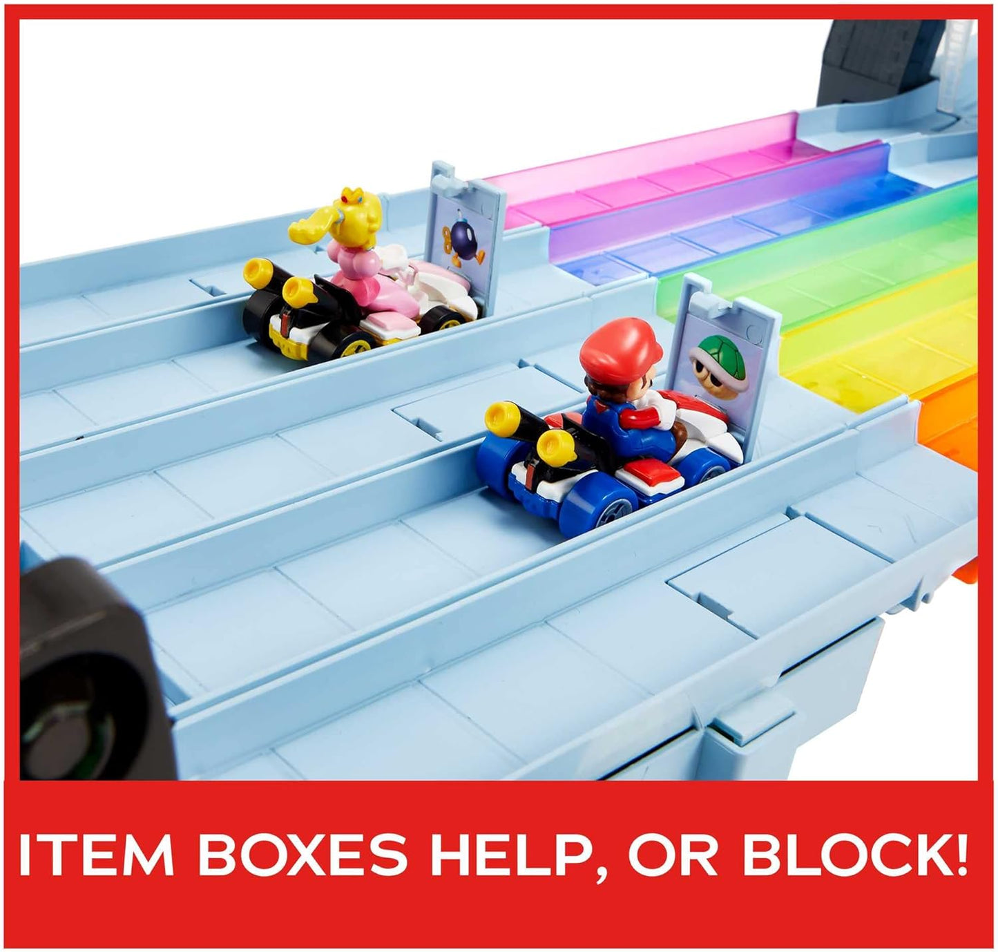 Pista Hot Wheels Mario Kart Rainbow Road Raceway de 2,4 metros com luzes e sons e 2 veículos em escala 1:64, brinquedo ideal para crianças a partir de 4 anos, GXX41