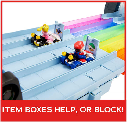 Pista Hot Wheels Mario Kart Rainbow Road Raceway de 2,4 metros com luzes e sons e 2 veículos em escala 1:64, brinquedo ideal para crianças a partir de 4 anos, GXX41