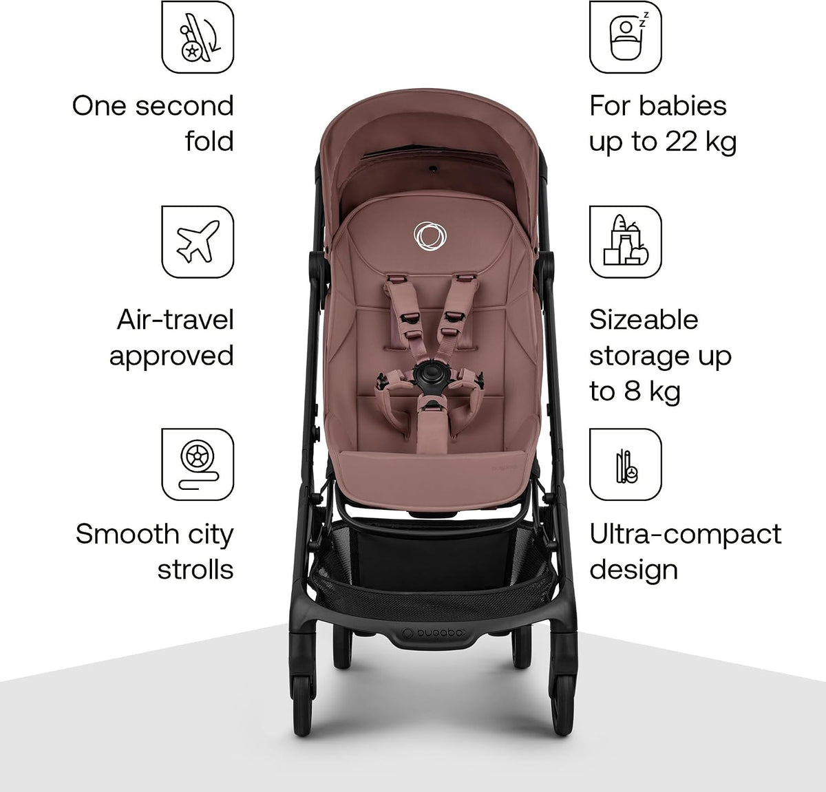 Bugaboo Carrinho de Bebê Butterfly 2 – Leve, para Viagem e Tamanho de Bagagem de Mão – Kit com Barra de Proteção – Dobrável com uma Mão, Assento Reclinável, Cesto de Armazenamento e Alça de Transporte – Rosa Empoeirado (Dusty Pink)