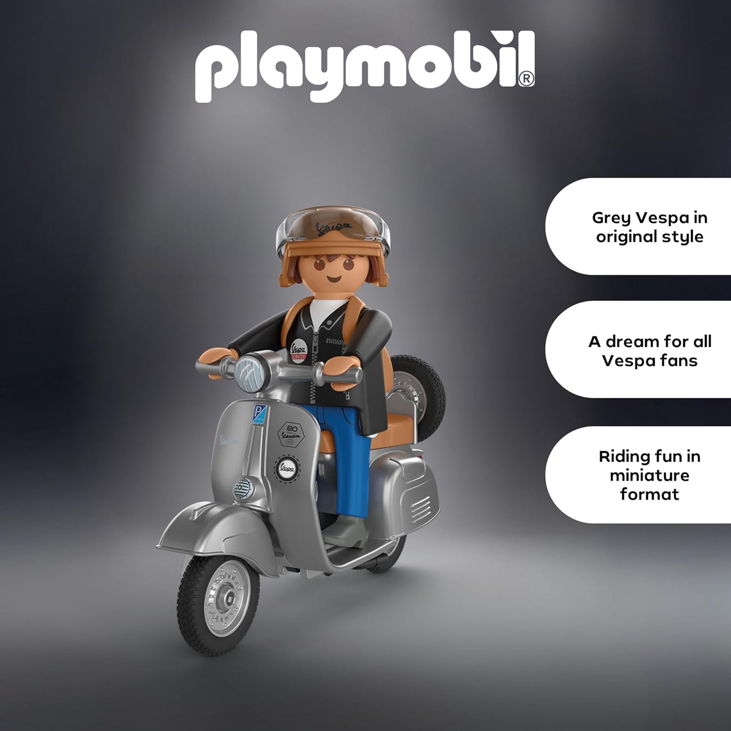 Playmobil | Vespa | Vespa 80º Aniversário: Estilo Original | Edição de aniversário com design retrô prateado, incluindo figura, capacete e cartela de adesivos | Para crianças a partir de 4 anos | 72282