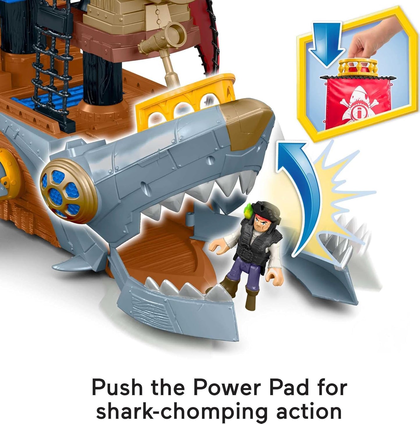 Brinquedo Fisher-Price Imaginext para crianças em idade pré-escolar: Navio Pirata Mordida de Tubarão, com figura e acessórios para brincadeiras de faz de conta. Ideal para crianças a partir de 3 anos. HGN68