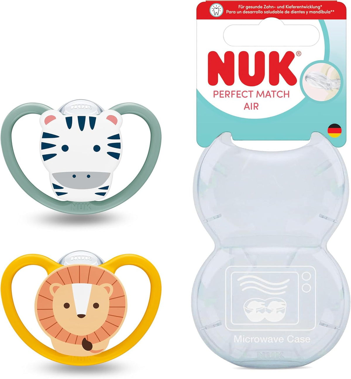 NUK Chupetas Perfect Match Air | 18-36 Meses | Chupetas Ortodônticas que Permitem a Circulação de Ar e Previnem Irritações pela Saliva | 95% de Aceitação pelos Bebês** | Leão e Zebra | 2 Unidades