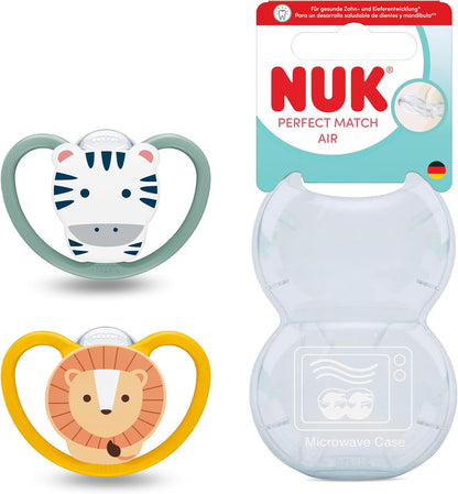 NUK Chupetas Perfect Match Air | 18-36 Meses | Chupetas Ortodônticas que Permitem a Circulação de Ar e Previnem Irritações pela Saliva | 95% de Aceitação pelos Bebês** | Leão e Zebra | 2 Unidades