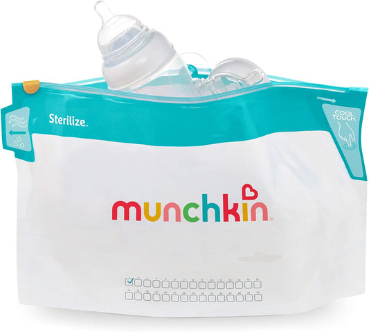 Munchkin  Sacos esterilizadores de micro-ondas Cool Touch, tetina de mamadeira e esterilizador manequim, alternativa de 6 unidades de esterilização de água fria reutilizáveis, mini viagem