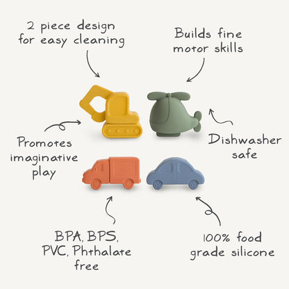 Mushie Brinquedo de Banho com 4 Veículos Flutuantes para Bebês, Crianças e Adolescentes | Feito de Silicone de Grau Alimentício para Diversão na Banheira | Helicóptero, Carro, Caminhão e Escavadeira
