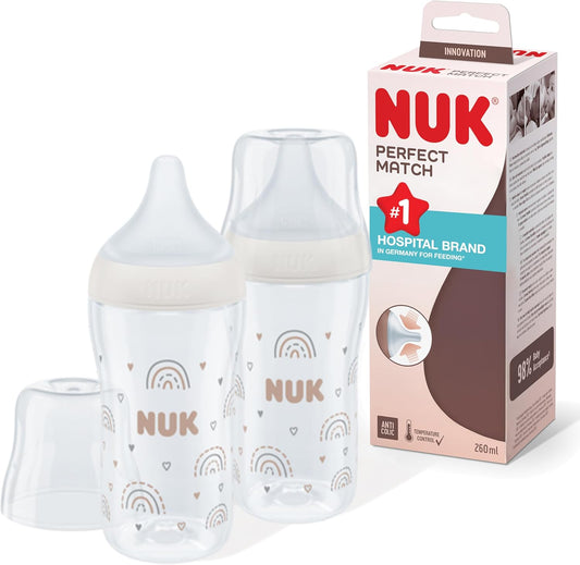 NUK Conjunto de Mamadeiras Perfect Match | 3+ Meses | Adapta-se ao Paladar do Bebê | Controle de Temperatura | Válvula Anticólica | 260 ml | Livre de BPA | Bico de Silicone Médio | Arco-Íris | 2 Unidades