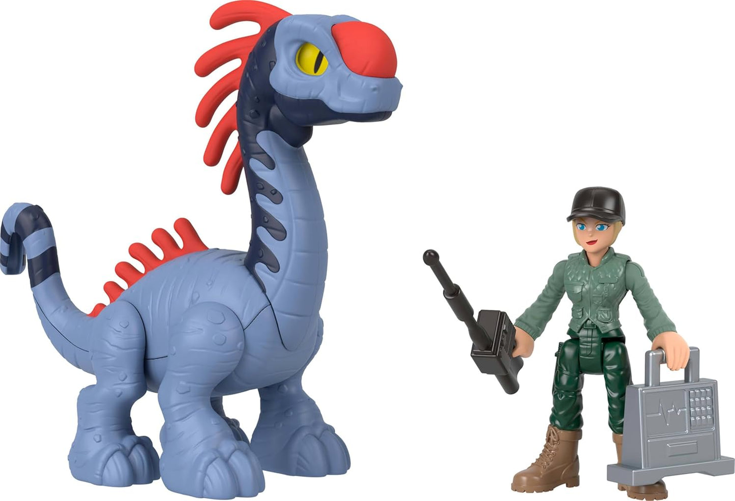 Fisher-Price Conjunto de figuras de ação Imaginext Jurassic World Rebirth com 1 humano de 7,6 cm, 5 dinossauros, lançador de brinquedos e acessórios, JFR25