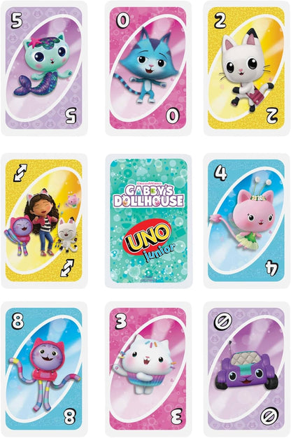 Mattel Games Jogo de cartas UNO Junior Gabby's Dollhouse da para festas infantis, noites em família, férias e viagens, JLH17