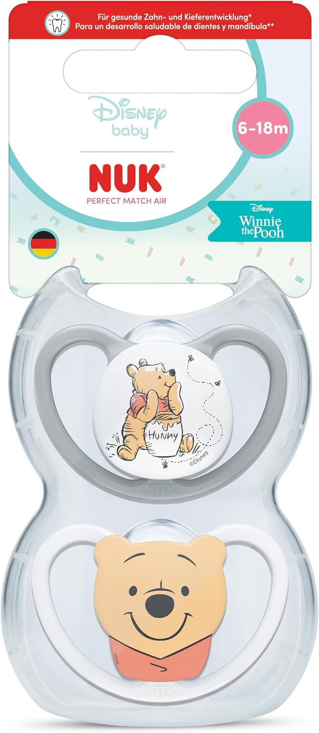 NUK Chupetas Perfect Match Air | 6-18 Meses | Chupetas ortodônticas que favorecem a circulação de ar e previnem irritações causadas pela saliva | 95% de aceitação pelos bebês** | Ursinho Pooh | Embalagem com 2 unidades