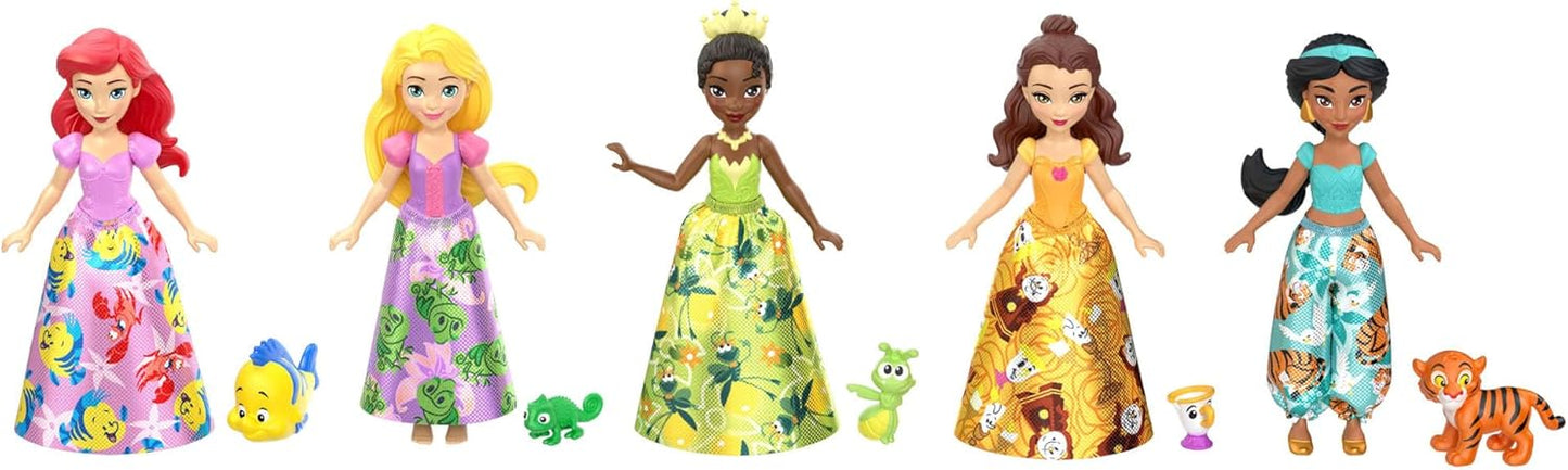 Disney Conjunto Mattel Princess & Friends com 5 bonecas pequenas articuladas com saias ou calças removíveis e 5 figuras de amigas, inspirado nos filmes da Disney, JBL33