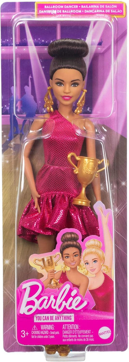 Barbie Boneca Dançarina de Salão com Vestido Vermelho com Babados, Sapatos de Dança, Cabelo Castanho Estilizado e Acessório de Troféu de Dança.