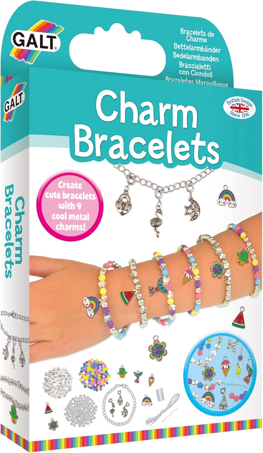 Pulseiras Galt Charm - Kit divertido para fazer pulseiras e joias - Kit de artesanato para crianças com contas coloridas e 9 pingentes de metal para prender - Conjunto de artesanato infantil para 7 pulseiras