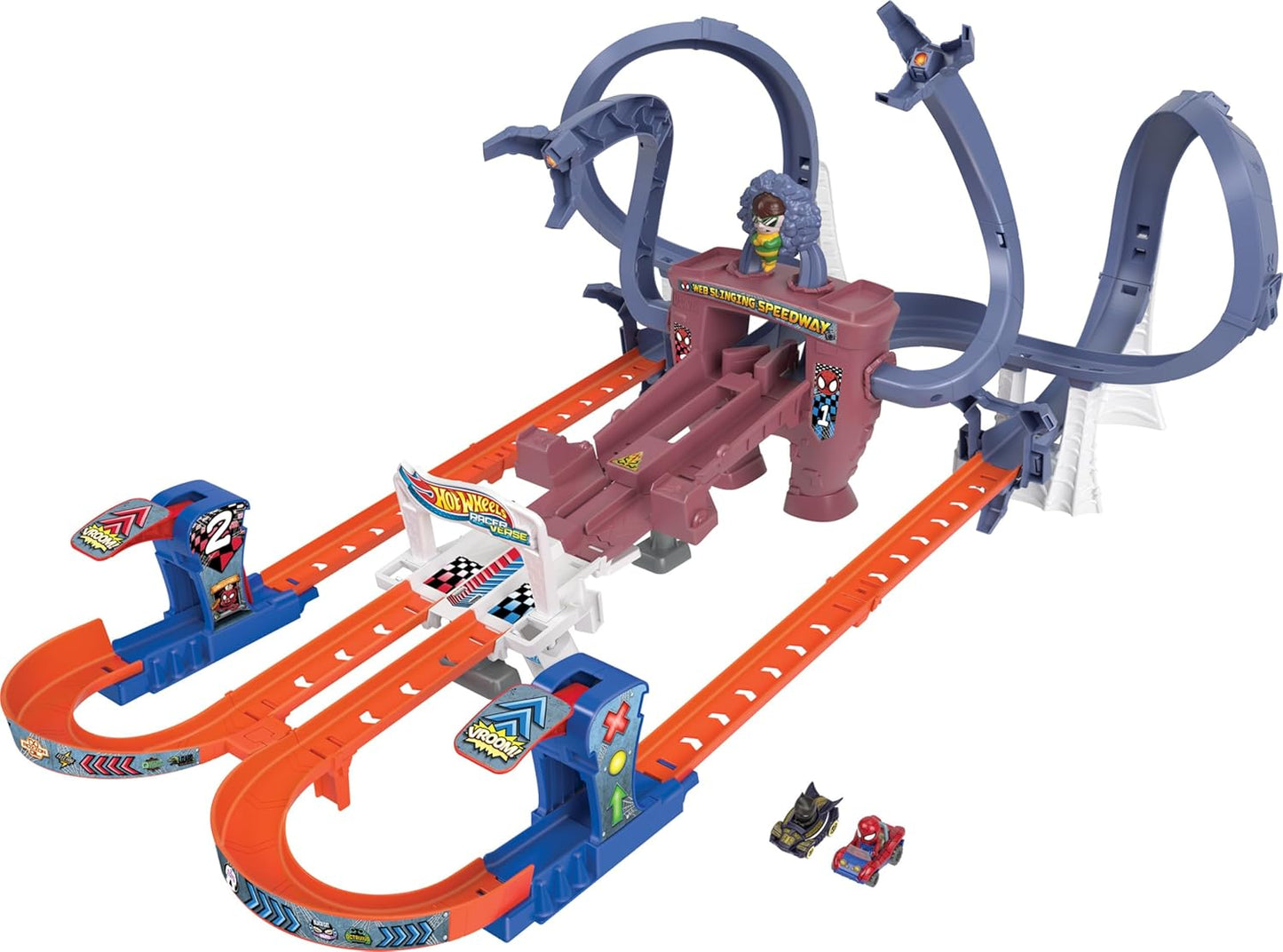 Hot Wheels RacerVerse Spider-Man’s Web-Slinging Speedway Track Set com Hot Wheels Racers Spider-Man e Black Panther, corrida de várias voltas para escapar do Doutor Octopus, HTM08