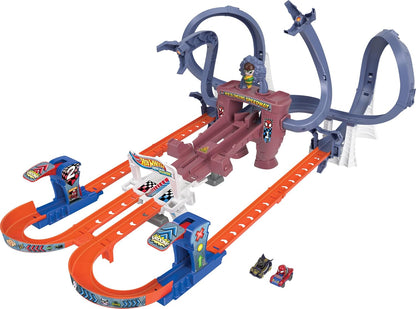 Hot Wheels RacerVerse Spider-Man’s Web-Slinging Speedway Track Set com Hot Wheels Racers Spider-Man e Black Panther, corrida de várias voltas para escapar do Doutor Octopus, HTM08