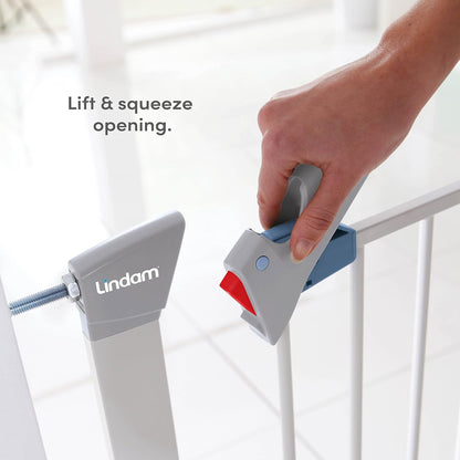 Barrera de seguridad metálica extensible BabyDan Multidan, blanca - Se adapta a aberturas de 62,5 cm a 106,8 cm - Puerta de ajuste con tornillos y presión Munchkin Lindam Sure Shut Axis también es adecuada como puerta para perros