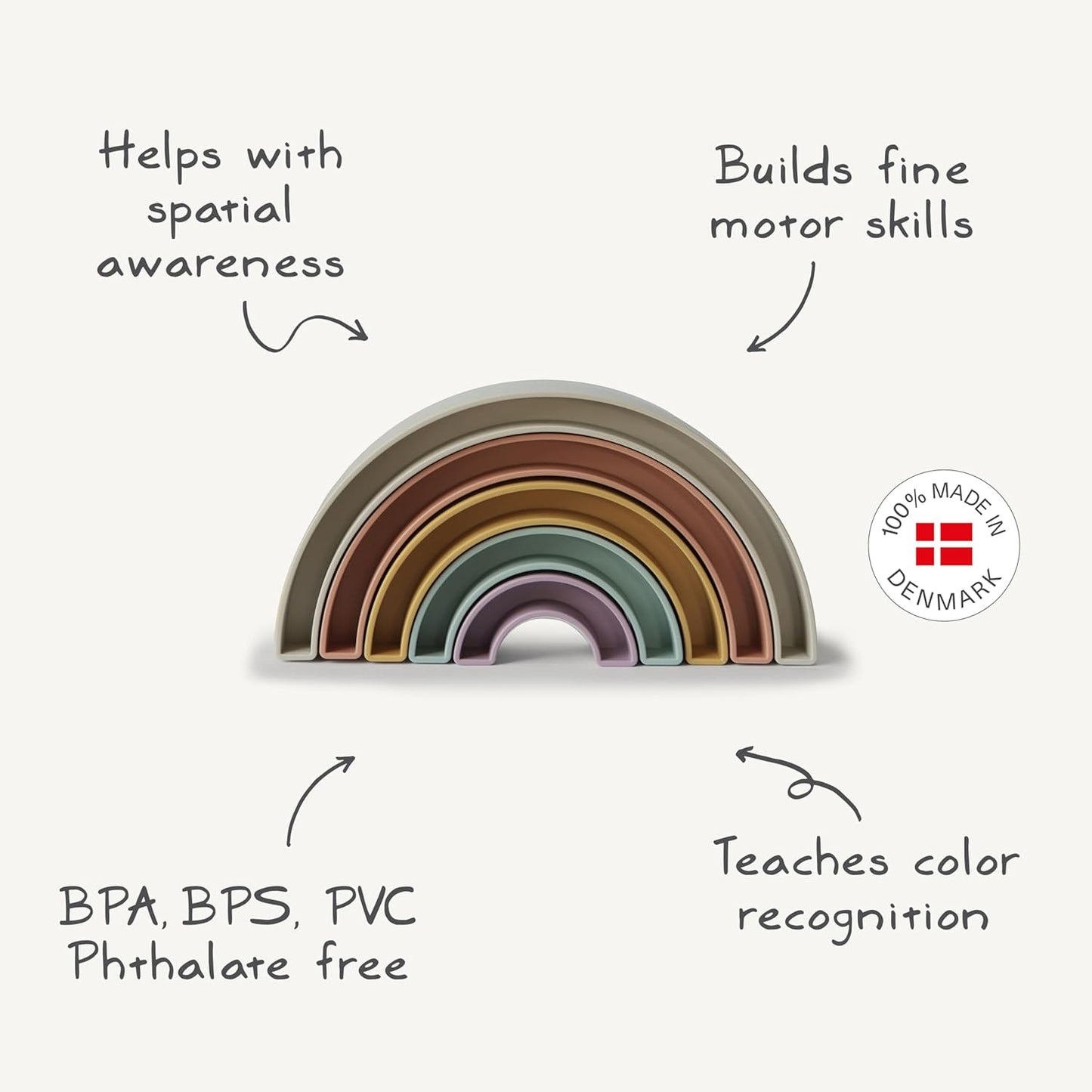 Mushie Brinquedo Rainbow Stacker | Conjunto de 5 peças para classificação e aprendizado | Idade recomendada: 6+ meses | Fabricado na Dinamarca (Sol)