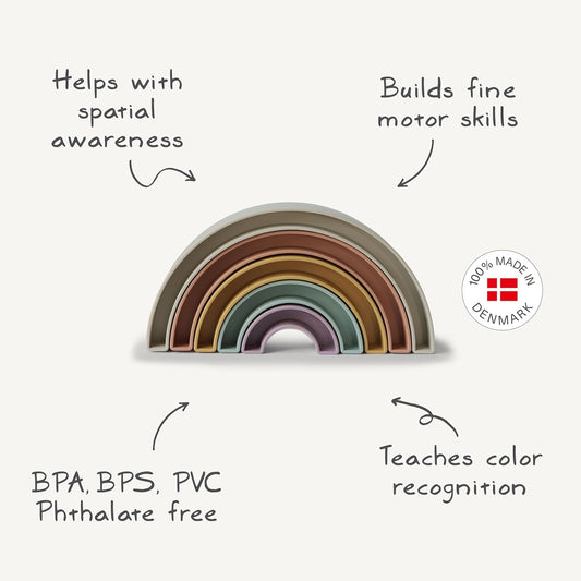 Mushie Brinquedo Rainbow Stacker | Conjunto de 5 peças para classificação e aprendizado | Idade recomendada: 6+ meses | Fabricado na Dinamarca (Hillside)