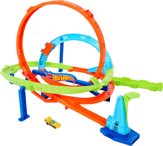 Hot Wheels  Let's Race Netflix - Conjunto de pistas de carro de brinquedo, conjunto de pistas de desafio Action Loop Cyclone, 2 maneiras de jogar e armazenamento fácil, com carro de brinquedo em escala 1:64, HXM94