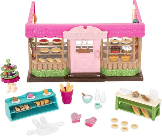 Li'l Woodzeez - Panadería Tickle-Your-Taste-Buds - Juego de 69 piezas con panadería, comida de juguete y accesorios - Casas en miniatura y juegos para niños de 3 años en adelante