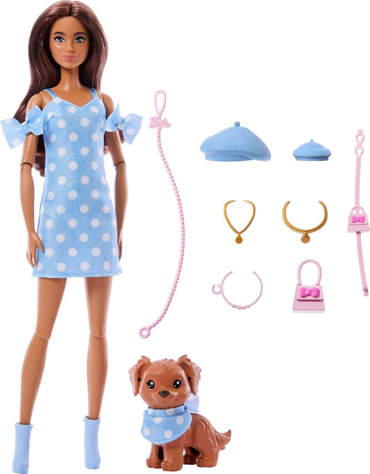 Barbie Looks Combinando com Cachorro de Estimação, Roupas e Acessórios Combinando em Azul com Bolinhas, como Boina e Bolsa, Cabelo Castanho, JFP38