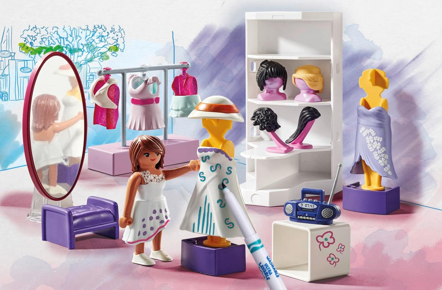 Playmobil 71373 Camarim Colorido, crie designs exclusivos para estilos de roupas, com marcadores e acessórios solúveis em água, dramatizações imaginativas, conjuntos de jogos artísticos adequados para crianças de 5 anos ou mais
