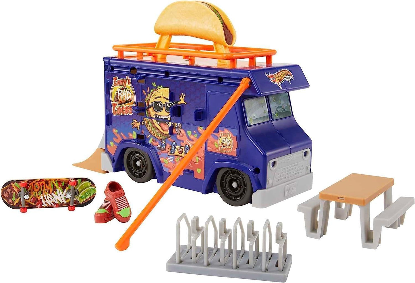 Hot Wheels Estojo Skate Taco Truck - Com corrimão retrátil para manobras radicais de skate, inclui fingerboard exclusivo e sapatos de skate removíveis, para crianças a partir de 5 anos, HMK00