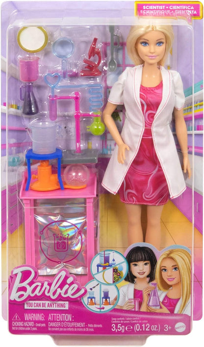 Barbie Boneca Cientista e Acessórios com Boneca Loira Fashion, Mesa de Laboratório, Microscópio, Copo que Muda de Cor e Acessórios para Placa de Petri, JCR70