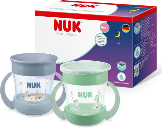 NUK Conjunto de Copos Mini Magic Cup | 6+ meses | 160 ml | Borda 360° antivazamento | Copo de transição com alças antiderrapantes | Modelos padrão e que brilham no escuro | Temas Hipopótamo e Pinguim | Kit com 2 unidades