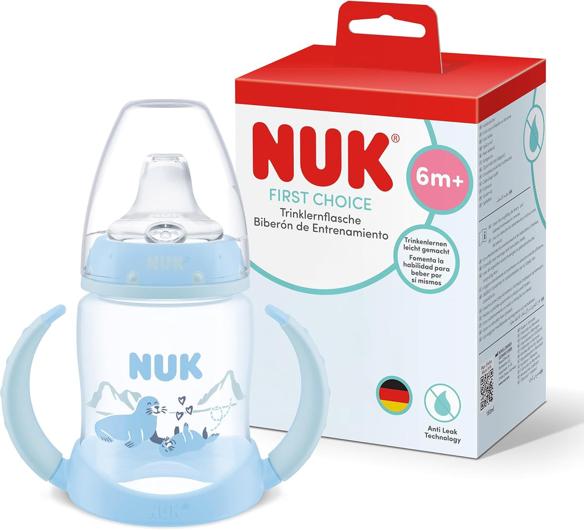 NUK Copo de Treinamento First Choice | 6+ meses | 260 ml | Copo antivazamento para crianças pequenas | Alças antiderrapantes | Vedação azul | 1 unidade