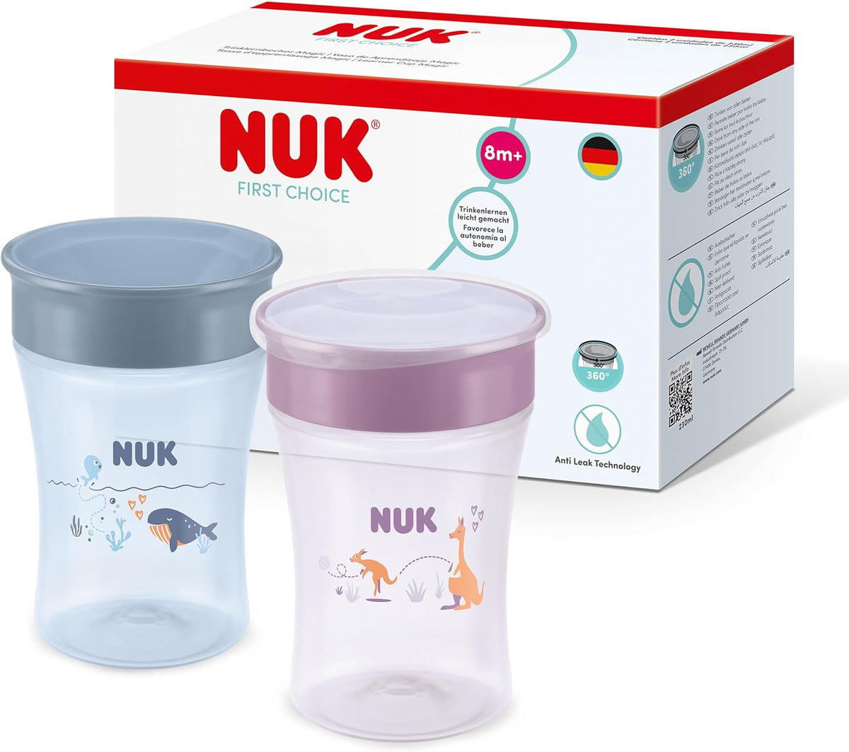 NUK Copo de Treinamento Magic Cup | 8+ meses | 230ml | Borda 360° antivazamento | Copo para crianças pequenas | Baleia e Canguru | Kit com 2 unidades