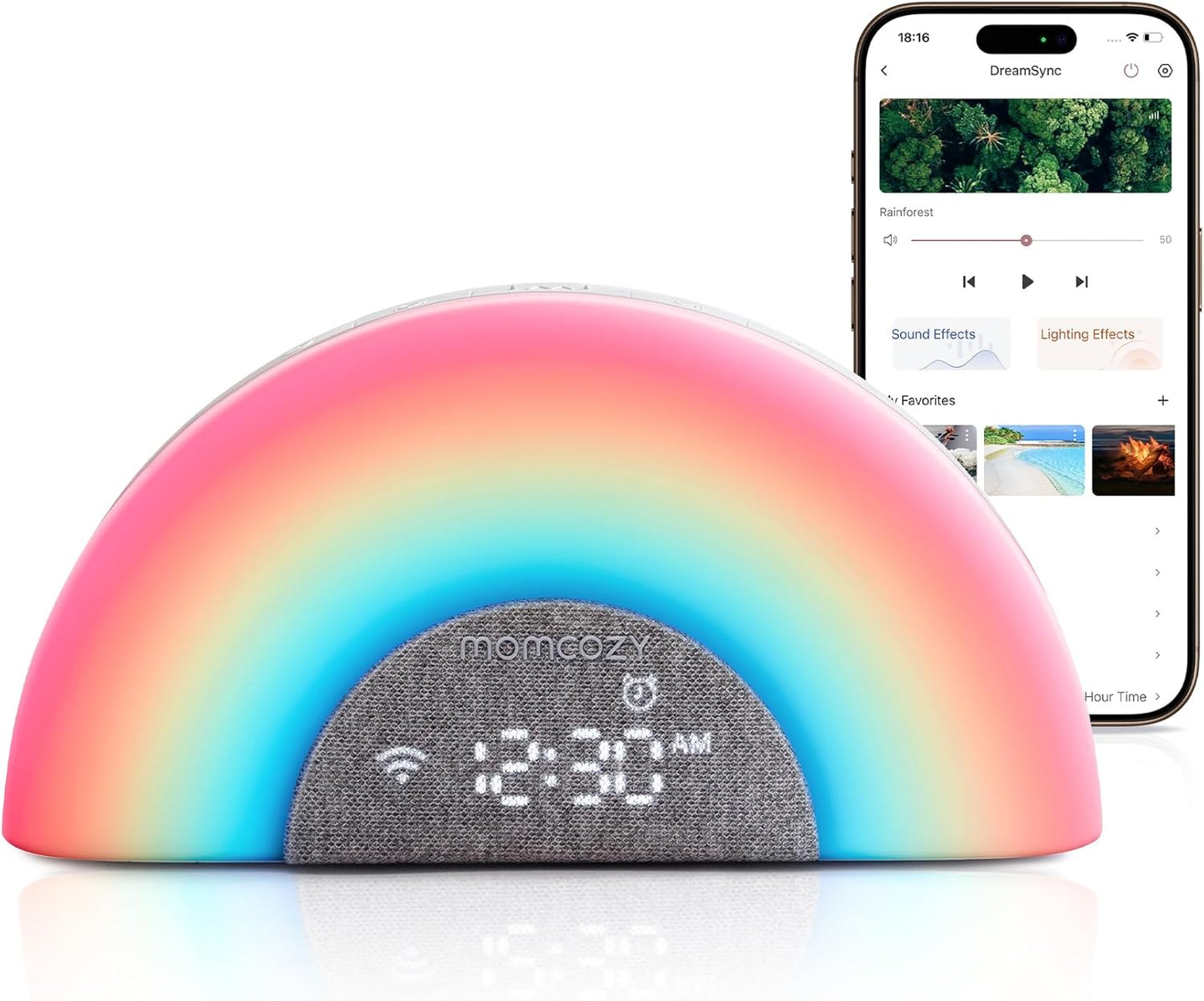 Momcozy Máquina de som para bebês DreamSync Tech™, luz noturna, controle por aplicativo, instrutor de sono para bebês, criador de rotinas, máquina de ruído branco com 34 sons suaves