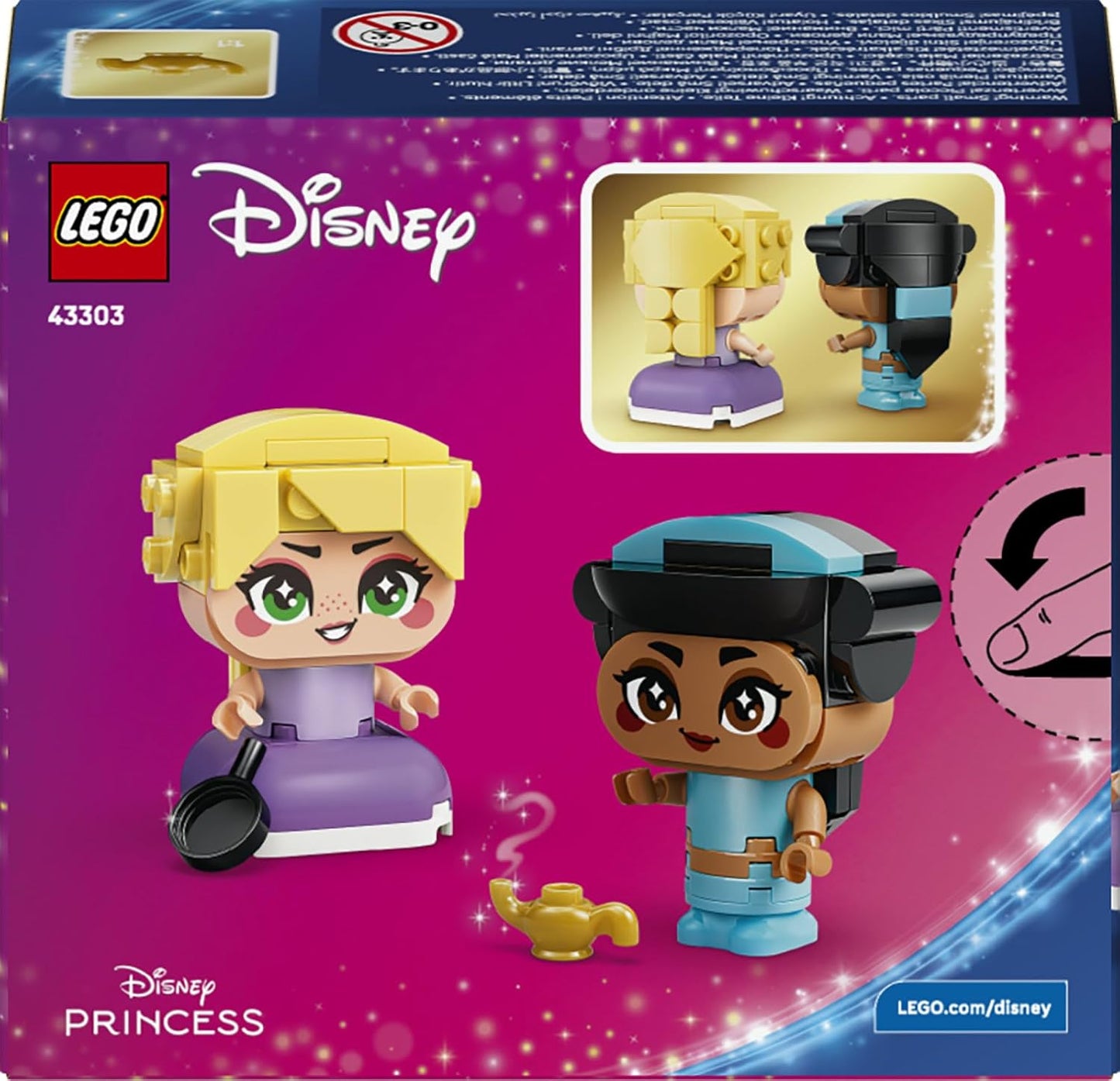 LEGO|Disney Princesas Miniatura Jasmine e Rapunzel - Brinquedo Colecionável com 2 Mini Bonecas e Acessórios, incluindo uma Lâmpada Mágica - Pequeno Presente para Meninas e Fãs a partir de 5 Anos - 43303
