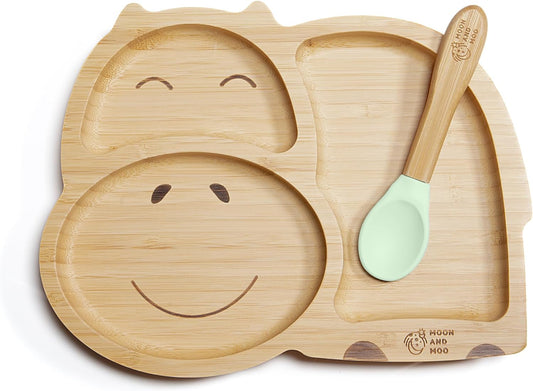 Moon and Moo Conjunto de placa de sucção e colher de bambu Hippo para crianças, bebês e desmame de bebês - Não tóxico - Sem plástico - Fique no lugar - Placa de sucção de bebê - Conjunto de desmame de bebê