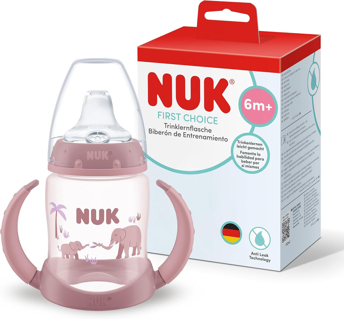 NUK Copo de Treinamento First Choice | 6+ meses | 260 ml | Copo antivazamento para crianças pequenas | Alças antiderrapantes | Elefante Rosa | 1 unidade