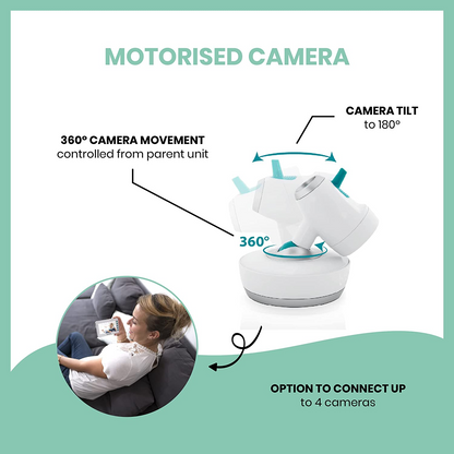 Babymoov Monitor de bebê de vídeo motorizado YOO Moov com câmera e visão noturna, retorno de 2 vias, zoom, panorâmica e inclinação remotas, luz noturna, indicador de temperatura