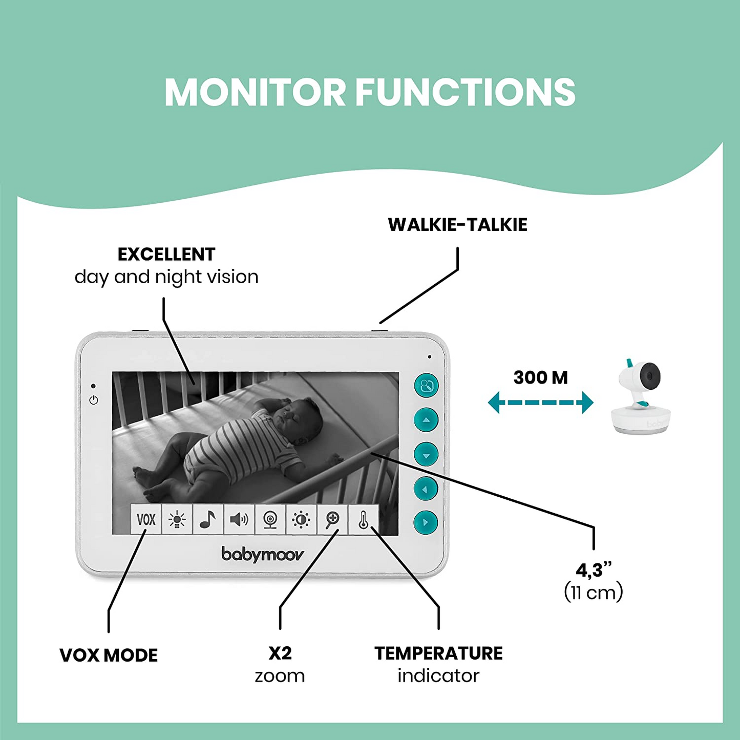Babymoov Monitor de bebê de vídeo motorizado YOO Moov com câmera e visão noturna, retorno de 2 vias, zoom, panorâmica e inclinação remotas, luz noturna, indicador de temperatura