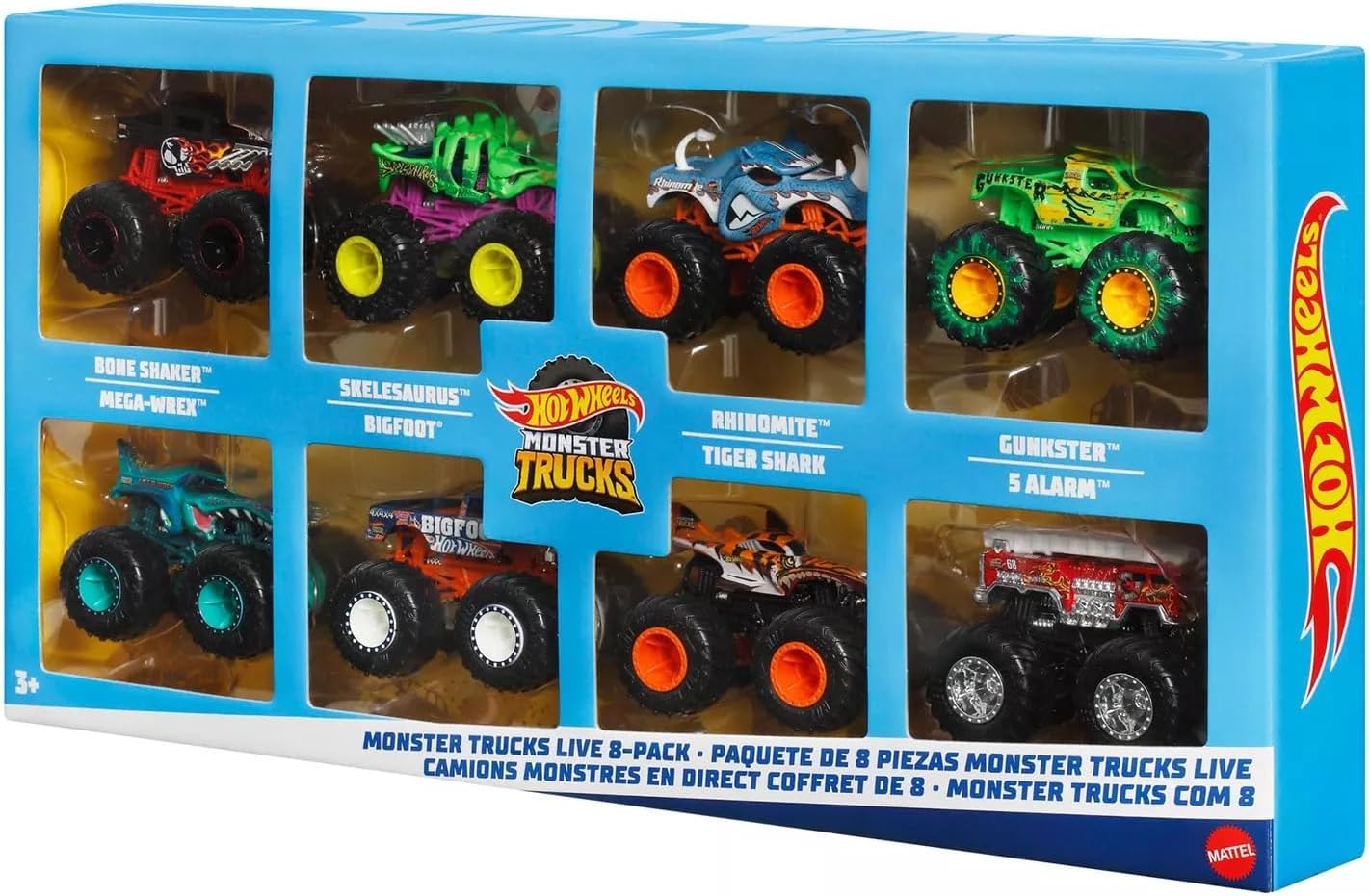 Hot Wheels Monster Trucks, conjunto de 8 caminhões de brinquedo em escala 1:64, feitos de metal fundido, apresentando personagens icônicos e favoritos dos fãs do Monster Trucks Live e da série do YouTube, JCW76.
