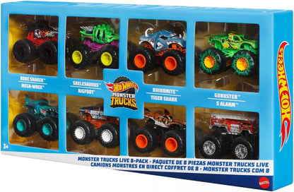 Hot Wheels Monster Trucks, conjunto de 8 caminhões de brinquedo em escala 1:64, feitos de metal fundido, apresentando personagens icônicos e favoritos dos fãs do Monster Trucks Live e da série do YouTube, JCW76.