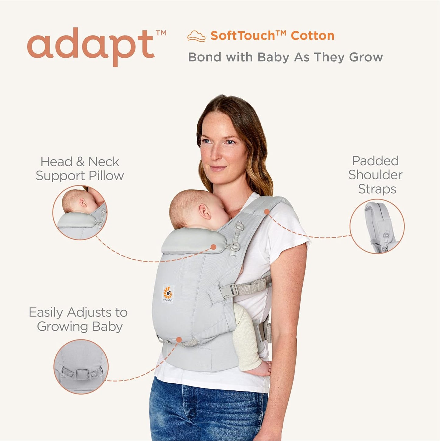 Ergobaby Transportador Adapt para recém-nascido, desde o nascimento, 3 posições, algodão de toque macio, posição ergonômica para transporte do bebê na frente para dentro e nas costas, preto ônix