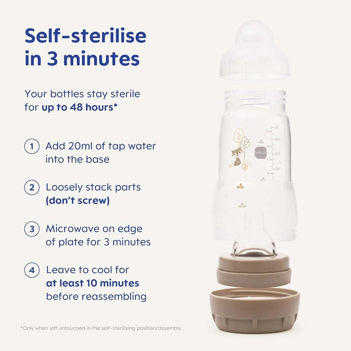MAM Mamadeiras anticólicas Easy Start | Pacote com 4 (4 x 160 ml) | Mamadeira autoesterilizável | Bicos MAM de fluxo lento tamanho 1 + 1 bico de fluxo médio tamanho 2 | Iris (Vários modelos)