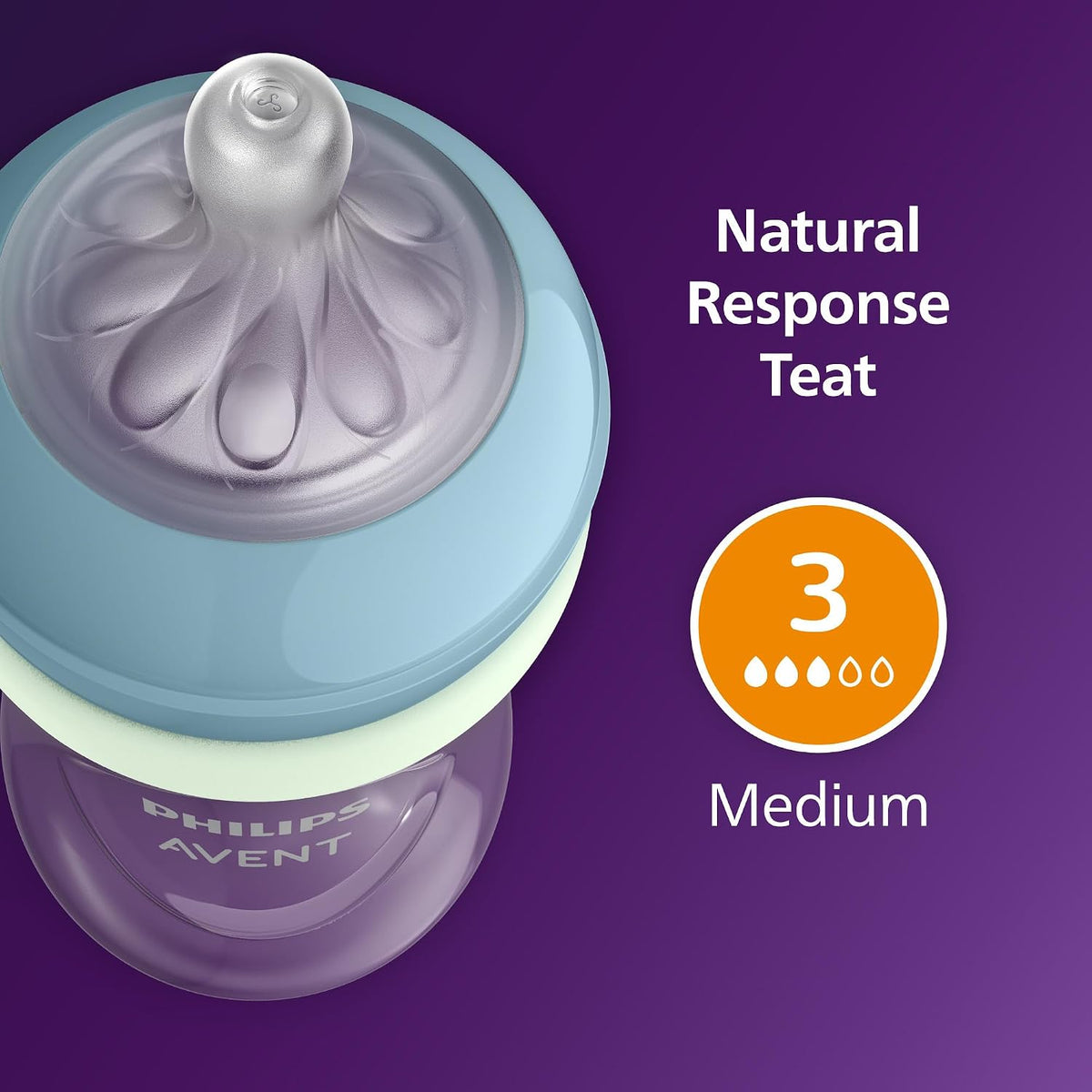 Philips Mamadeira Avent Natural Response para a noite - 260 ml, com bico de fluxo médio (fluxo 3), inclui anel que brilha no escuro, estampa de bicho-preguiça, SCY903/81