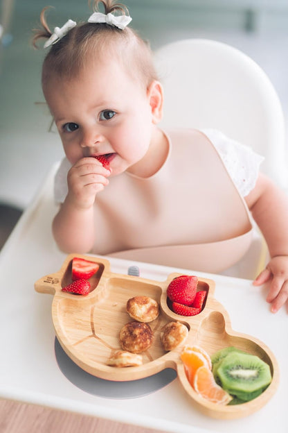 Juego de cuchara y plato de succión de bambú Moon and Moo Turtle para niños, niños pequeños y destete del bebé - No tóxico - Sin plástico - Permanece en su lugar - Plato de succión para bebé - Juego de destete para bebé (gris)