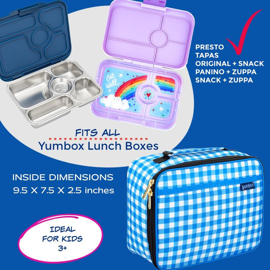 Bolsa de almuerzo Yumbox Classic, aislante, tejido resistente al agua, divertidos estampados infantiles, bolsillos internos y externos, cierre con cremallera