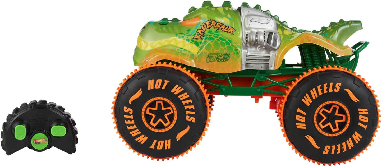 Hot Wheels Monster Trucks, veículo de brinquedo com controle remoto, escala 1:15, Rageasaur RC com pneus de alta aderência para off-road e manobras radicais.
