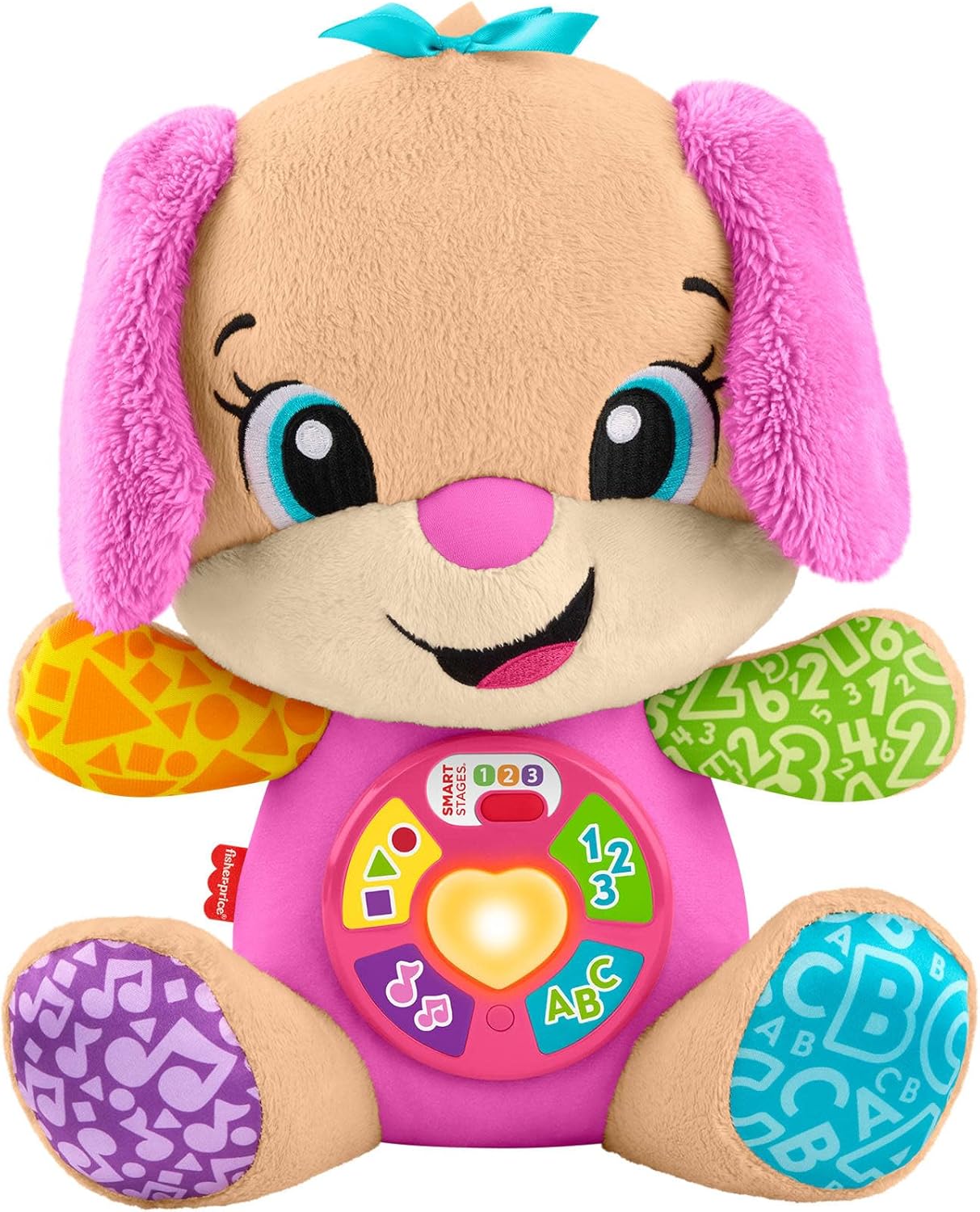 Brinquedo Educativo Fisher-Price Baby Laugh & Learn Smart Stages Sis, Pelúcia Musical Rosa com Smart Stages para Bebês a partir de 6 Meses, Versão Multilíngue: Holandês, Inglês, Francês, Alemão, Italiano, JFD31