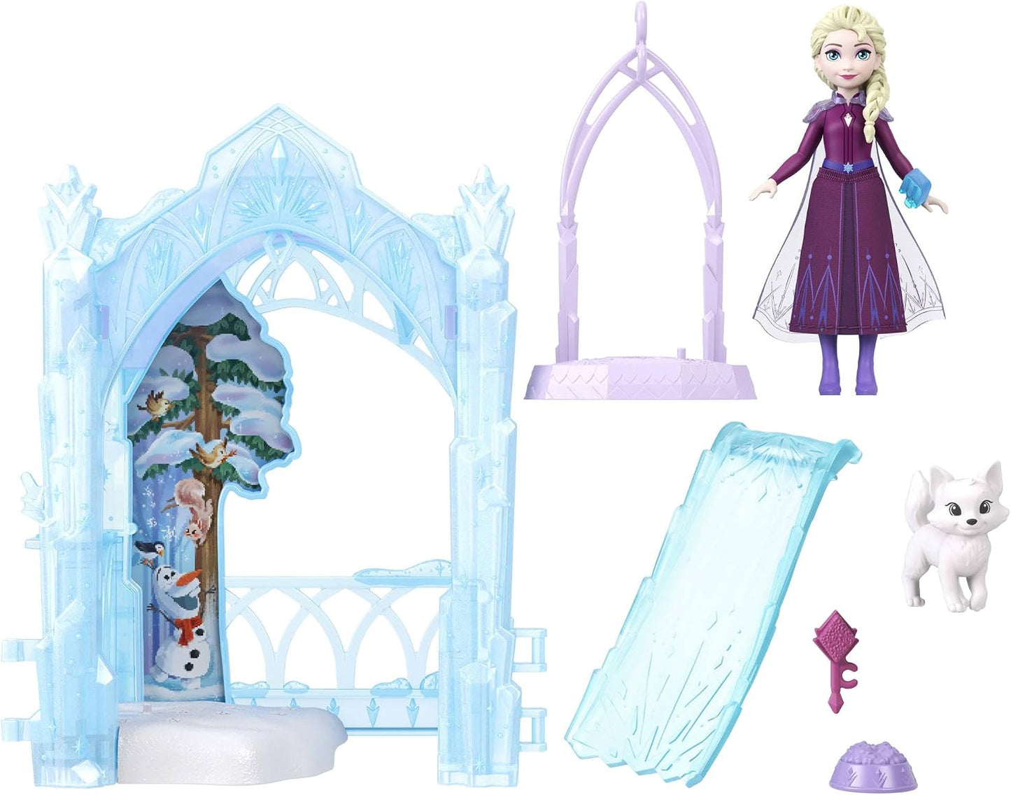 Mattel Disney Frozen – Boneca e Conjunto Elsa e seu Refúgio Gelado para Animais | Mini Boneca Elsa com Saia Removível, 2 Figuras de Animais, Escorregador e Acessórios – Linha Storytime Stackers – Inspirado no Filme – JFG29