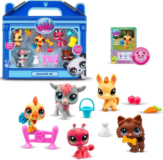 Littlest Pet Shop Collectors 5 Pack Barnyard | O pacote contém 5 mini brinquedos LPS, 7 acessórios, 1 cartão colecionável e 1 código virtual | Brinquedos colecionáveis para meninas e meninos