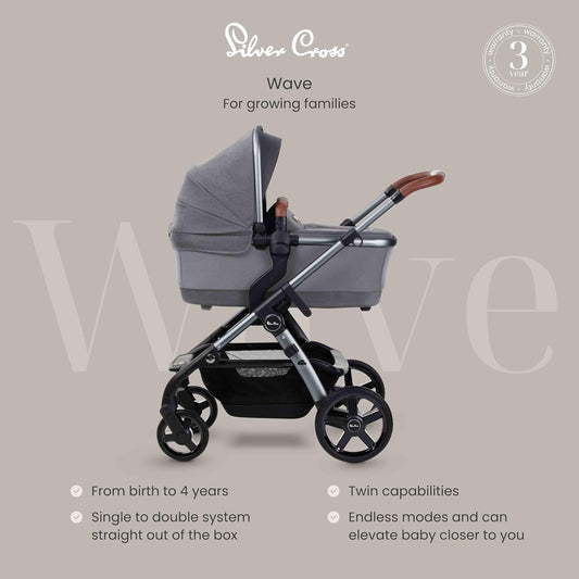 Silver Cross - Carrinho Wave Simples a Duplo - Carrinho de bebê 2 em 1 - Buggy duplo estreito - Compatível com assento de carro - Recém-nascido a 4 anos (22kg) - Lunar